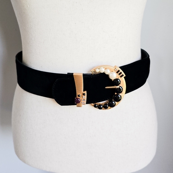 ZARA, Black Velvet Bejewelled Buckle Wide Statement Belt, Size 31 Waist - Picture 2 of 10